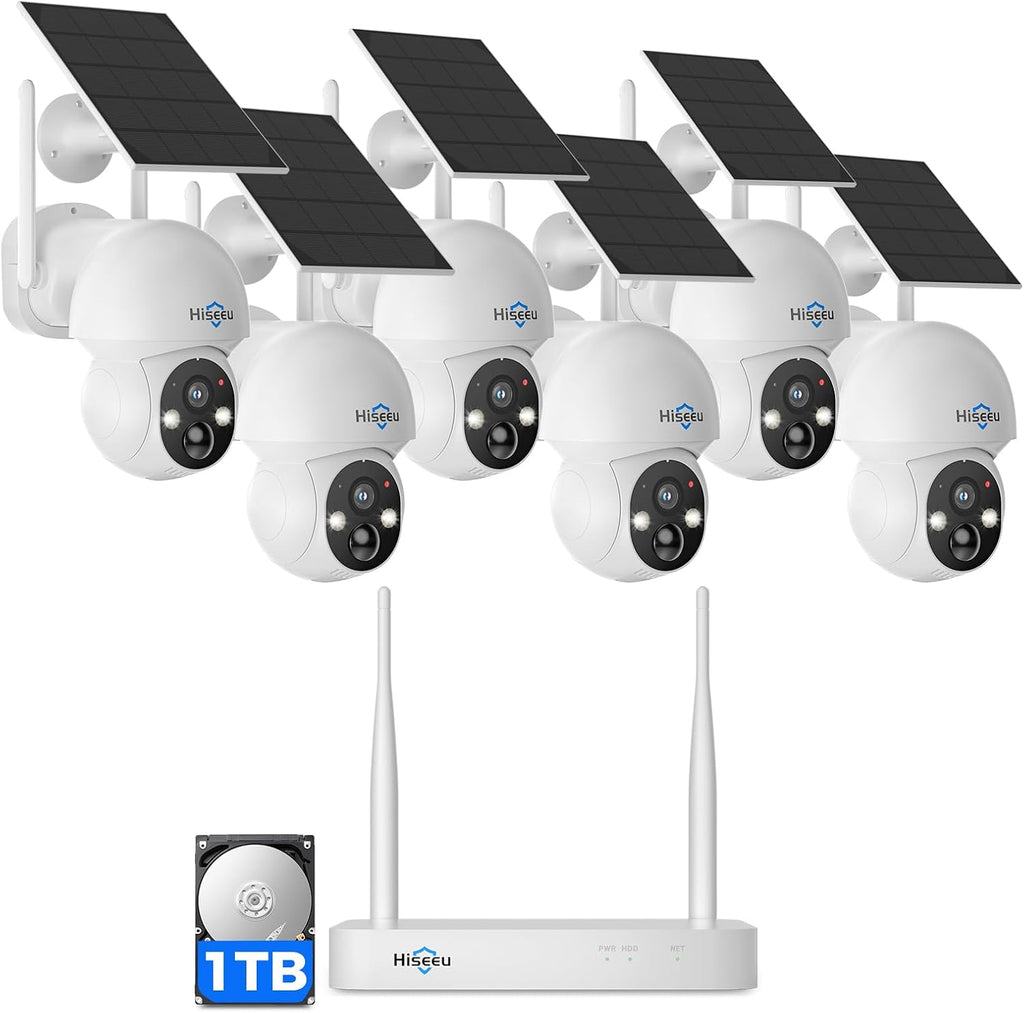 Hiseeu Solar Camera Wireless Outdoor, Home Security Camera System, 2.4G & 5G WiFi, Solar-Powered 4MP 6 Cam-Kit, Color Night Vision, 360° View, Pan & Tilt, 1TB HDD, No Subscription