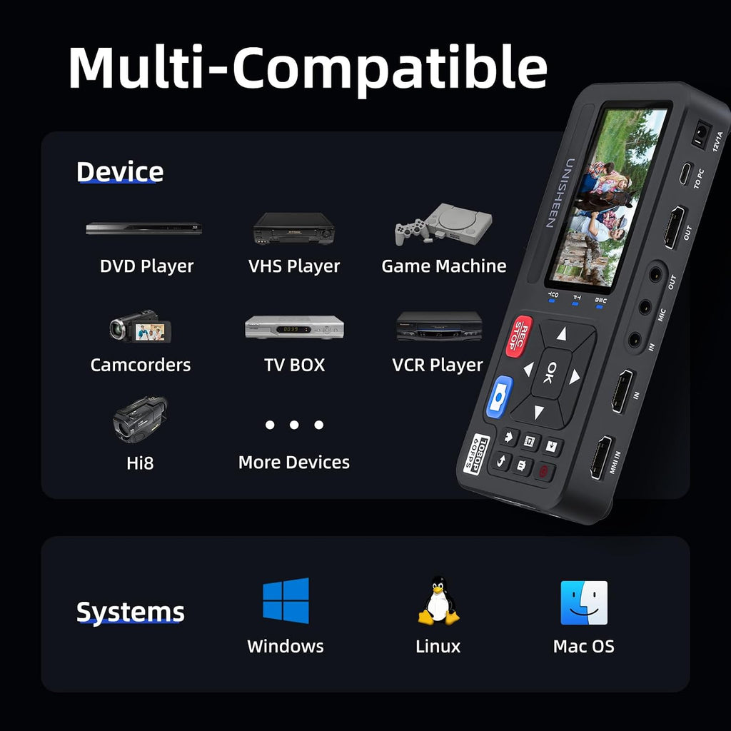 4K Capture Box-1080P 60FPS Video to Digital Converter 4K HDMI/CVBS/VGA/YPBPR Inputs Video Recorder Capture from VCR, DVD, VHS Tapes, Hi8, Camcorders, Gaming Systems