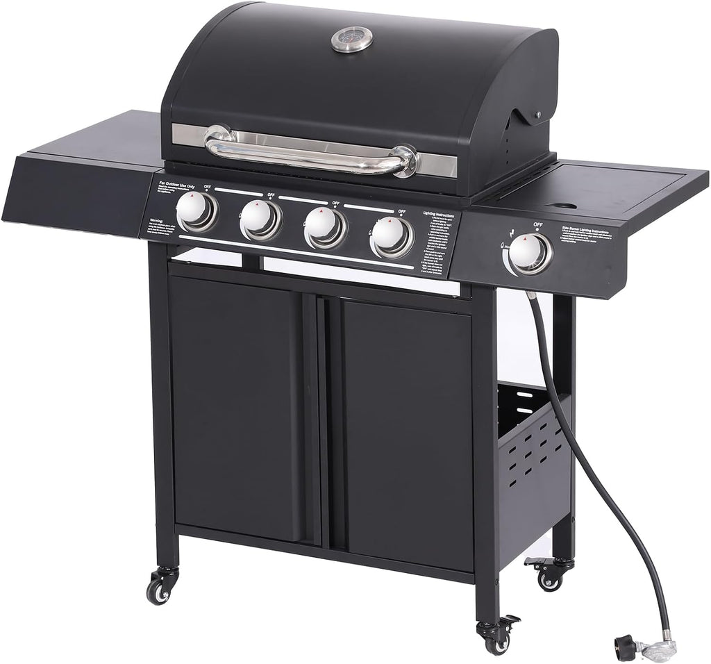 4-Burner Propane Gas BBQ Grill High-Strength Cast Iron with Side Burner, Portable 50,000 BTU Barbecue Grills with 4 Wheels and 449 SQ.IN. Cook Area for Outdoor Cooking and Backyard BBQ (Black)