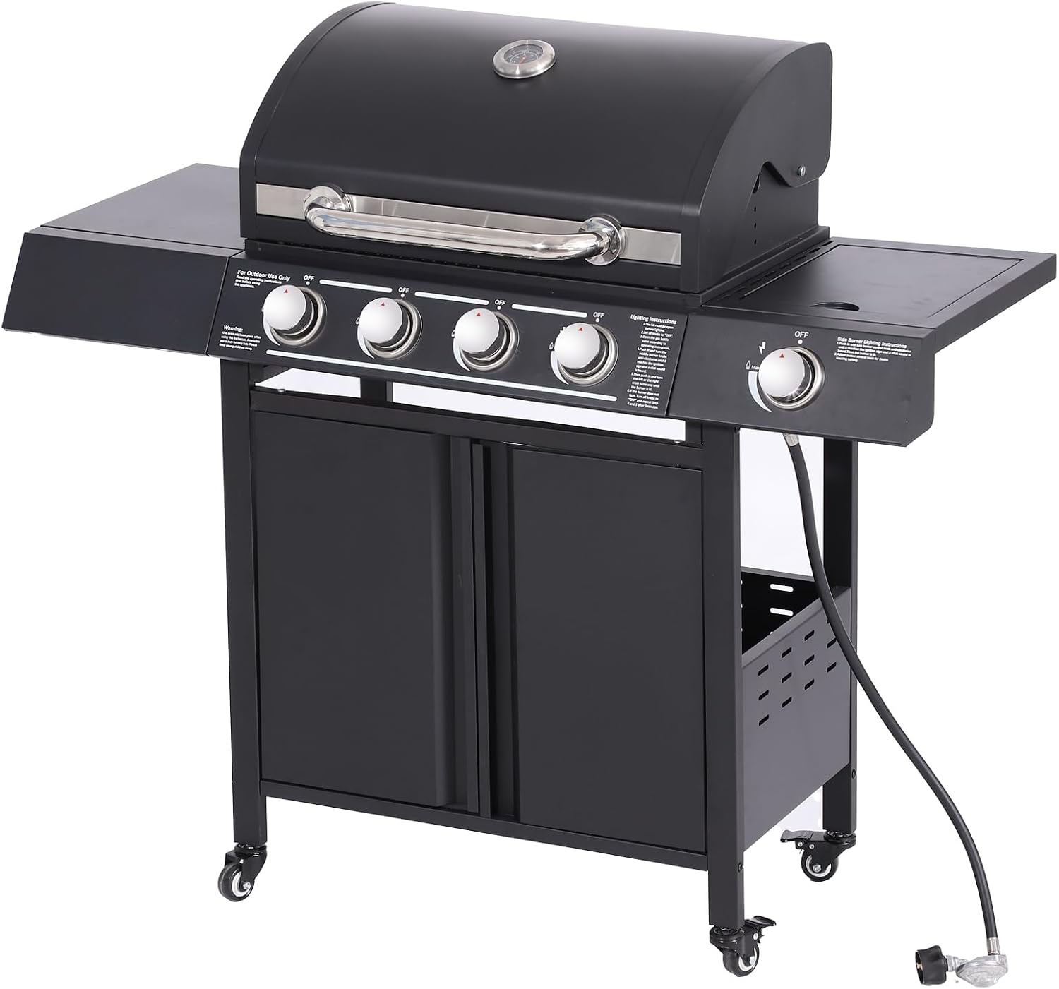 4-Burner Propane Gas BBQ Grill High-Strength Cast Iron with Side Burner, Portable 50,000 BTU Barbecue Grills with 4 Wheels and 449 SQ.IN. Cook Area for Outdoor Cooking and Backyard BBQ (Black)