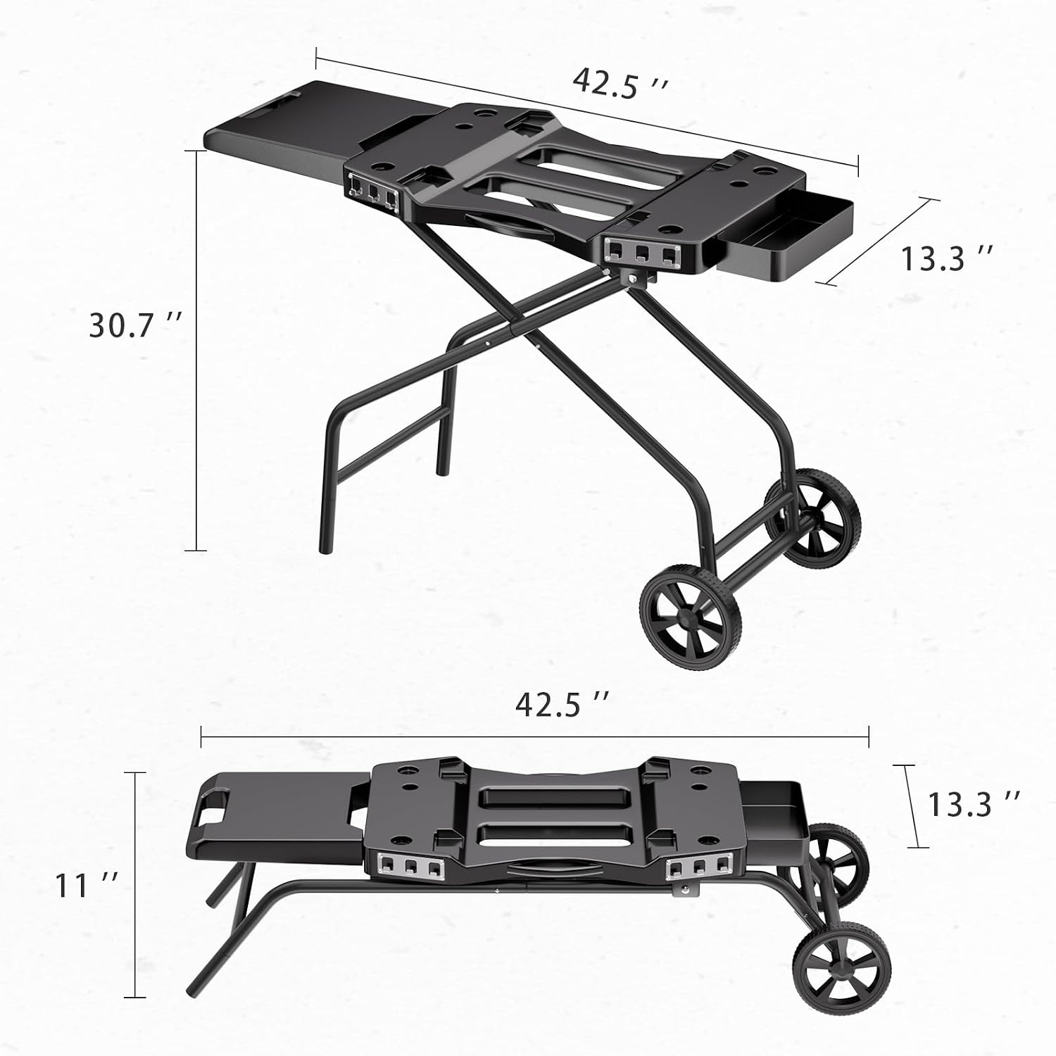 GRISUN Foldable Grill Table Stand for Ninja Woodfire Outdoor Grill（OG700/701/751), Portable Camping Table for Blackstone 22', Portable BBQ Stand with 2 Wheels, Side Table & Storage Basket