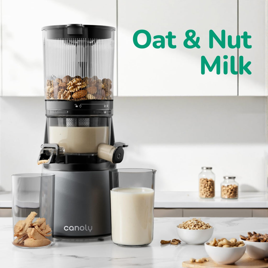 Canoly C16 Cold Press Juicer, 6' Extra Wide Feed Chute, 3-IN-1 Strainers (Juice & Sorbet & Nut Milk), Powerful AC Brushless Motor, Self Precut System, Juicer Machines with BPA-Free (Space Gray)