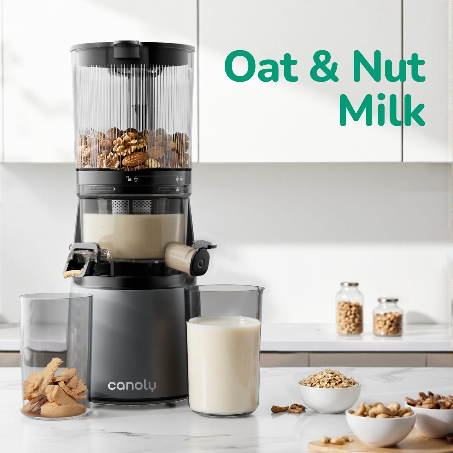 Canoly C16 Cold Press Juicer, 6' Extra Wide Feed Chute, 3-IN-1 Strainers (Juice & Sorbet & Nut Milk), Powerful AC Brushless Motor, Self Precut System, Juicer Machines with BPA-Free (Space Gray)