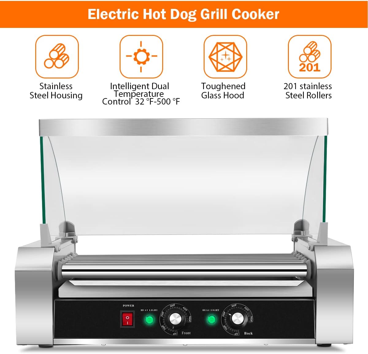 Giantex Hot Dog Roller Machine, 7 Non-Stick Rollers 18 Hot Dog Sausage Grill Cooker Machine with Removable Stainless Steel Drip Tray and Glass Hood Cover, Commercial Household Hot Dog Rotisserie