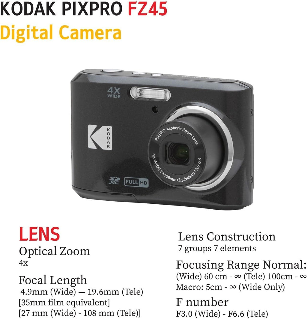Kodak PIXPRO FZ45 Digital Camera Bundle with Black Point & Shoot Camera Case + Transcend 64GB SD Memory Card + Tri-fold Memory Card Wallet + Hi-Speed SD USB Card Reader + More (Black)
