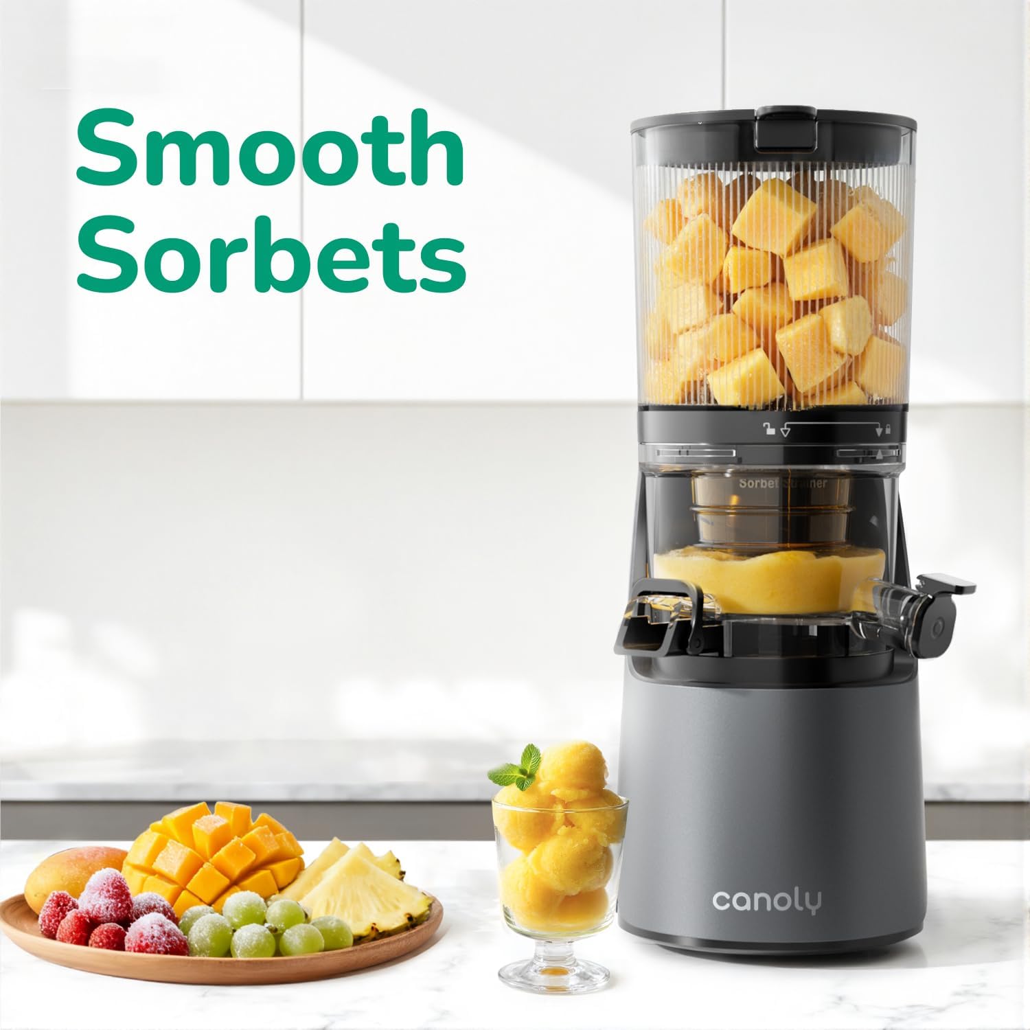 Canoly C16 Cold Press Juicer, 6' Extra Wide Feed Chute, 3-IN-1 Strainers (Juice & Sorbet & Nut Milk), Powerful AC Brushless Motor, Self Precut System, Juicer Machines with BPA-Free (Space Gray)