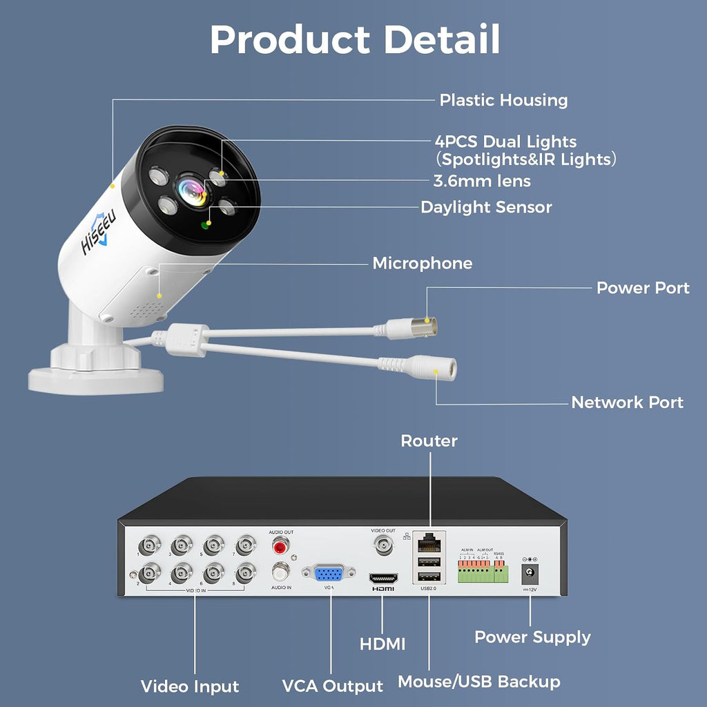 Hiseeu 4K Wired Security Camera System Outdoor with Audio,Smart Dual Light,AI Human/Vehicle Detection,3TB HDD,4K Surveillance DVR Kit 8CH,4X8MP Home CCTV Cameras,Smart Playback,100ft Night Vision