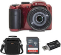 Kodak KODAK PIXPRO AZ255-RD 16MP Digital Camera 25X Optical Zoom 24mm Wide Angle Lens Image Stabilization 1080P Full HD Video 3' LCD Vlogging, with Bag & 32GB SD Card + Reader