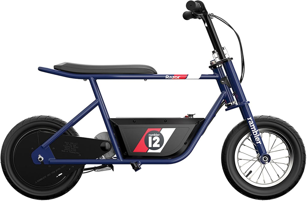 Razor Rambler 12 Electric Retro Mini Bike Ride for Teens Ages 13+, 170 lb Max Weight, Dark Blue – 250W Motor, Up to 14 Mph, 40-Min Run Time, Twist-Grip Throttle, Spoked Wheels w/ 12' Pneumatic Tires