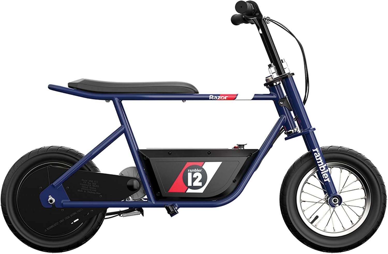 Razor Rambler 12 Electric Retro Mini Bike Ride for Teens Ages 13+, 170 lb Max Weight, Dark Blue – 250W Motor, Up to 14 Mph, 40-Min Run Time, Twist-Grip Throttle, Spoked Wheels w/ 12' Pneumatic Tires