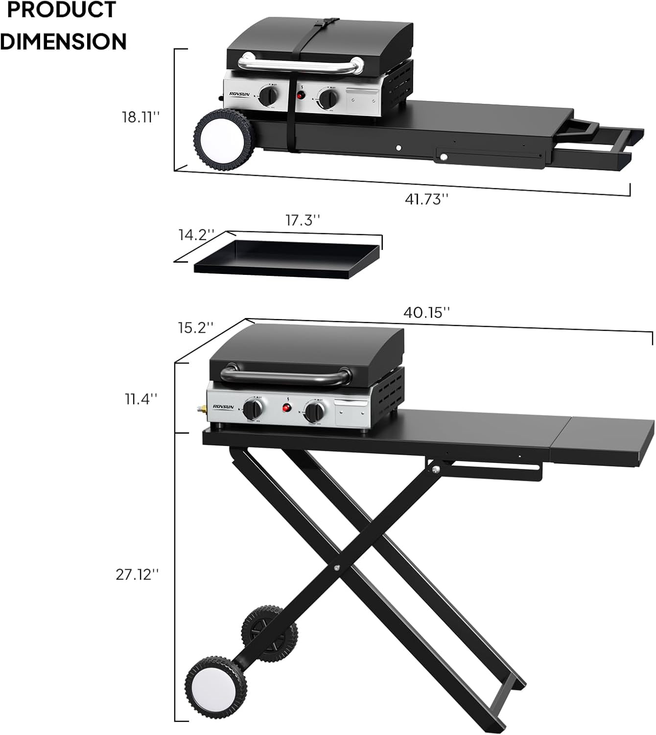 ROVSUN 20000 BTU Foldable Flat Top Gas Grill with Cart, Enameled Tray & Lid, 2 Burner Portable Rolling Propane Griddle with Electronic Ignition & Regulator for Outdoor Cooking Camping BBQ Tailgating