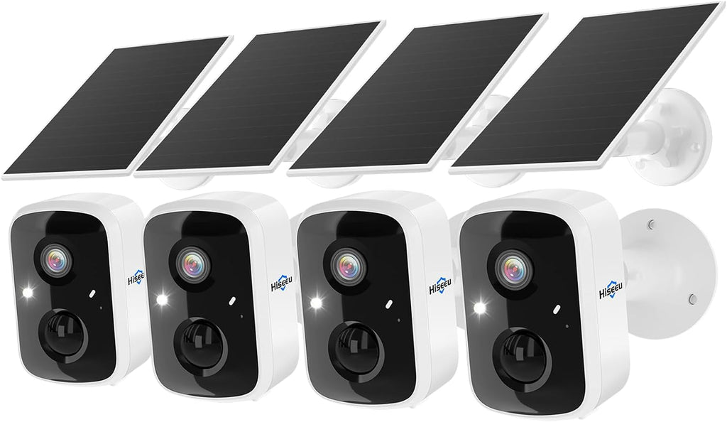 Hiseeu Solar Camera Security Outdoor, 4 Pack 100% Wireless 3K 4MP Surveillance Indoor WiFi Smart Cameras for Home Security Outside, PIR/AI Motion Detection, Waterproof, Color Night Vision, 2-Way Audio