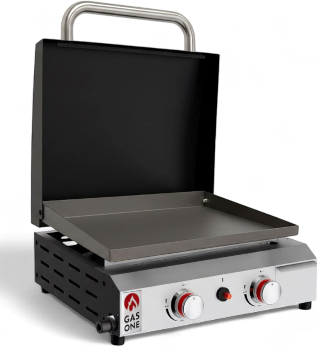 GasOne Flat Top Gas Grill with Lid – Auto Ignition Propane – Premium Stainless Steel Body Tabletop with Pre Season Griddle – Oil Drip Tray – for RV, Camping