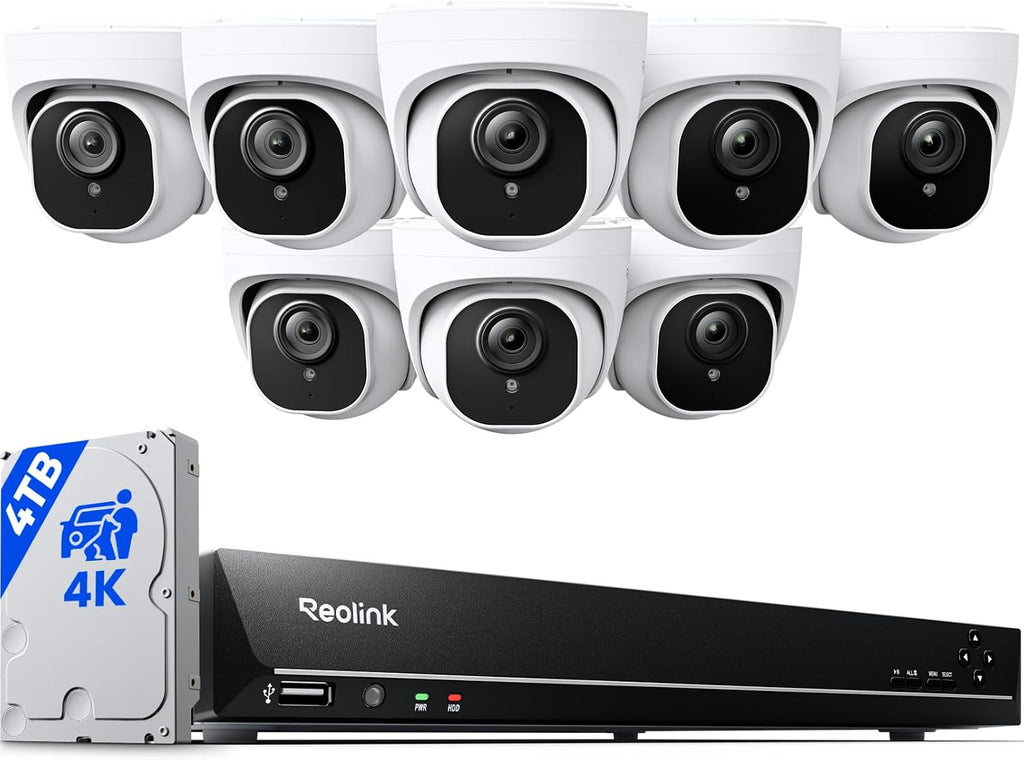 REOLINK 4K PoE Security Camera System Wired, 8pcs 8MP PoE Cameras, Smart Person/Vehicle Detection, 16CH NVR with 4TB HDD, H.265, 24/7 Recording, High Bitrate & Clear Stream, RLK16-800D8