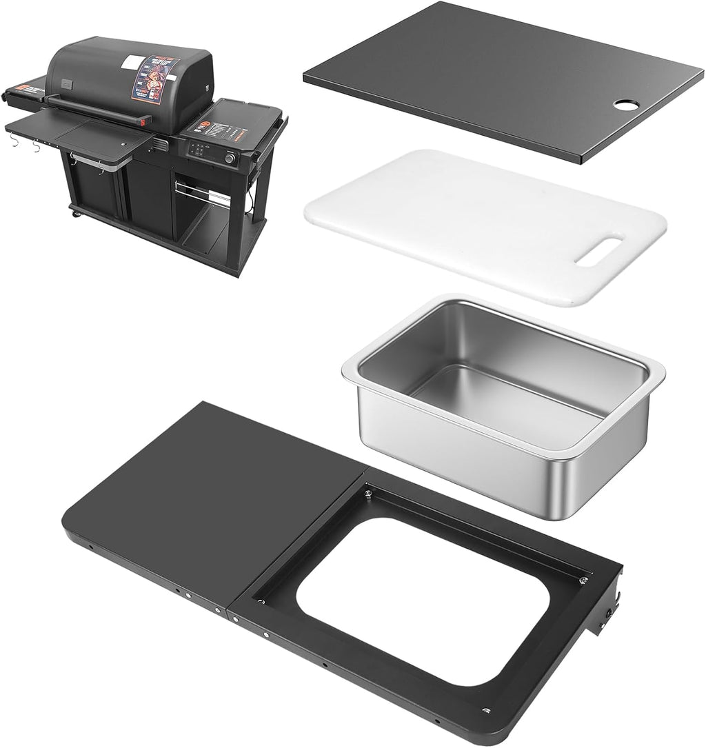 Utheer Upgraded Folding Front Shelf for Traeger Woodridge Pro, Woodridge Pro Plus, Woodridge Elite & Ironwood/Ironwood XL Pellet Grill, 28' BBQ Prep Table with Cutting Board, Basin & 4 Hooks