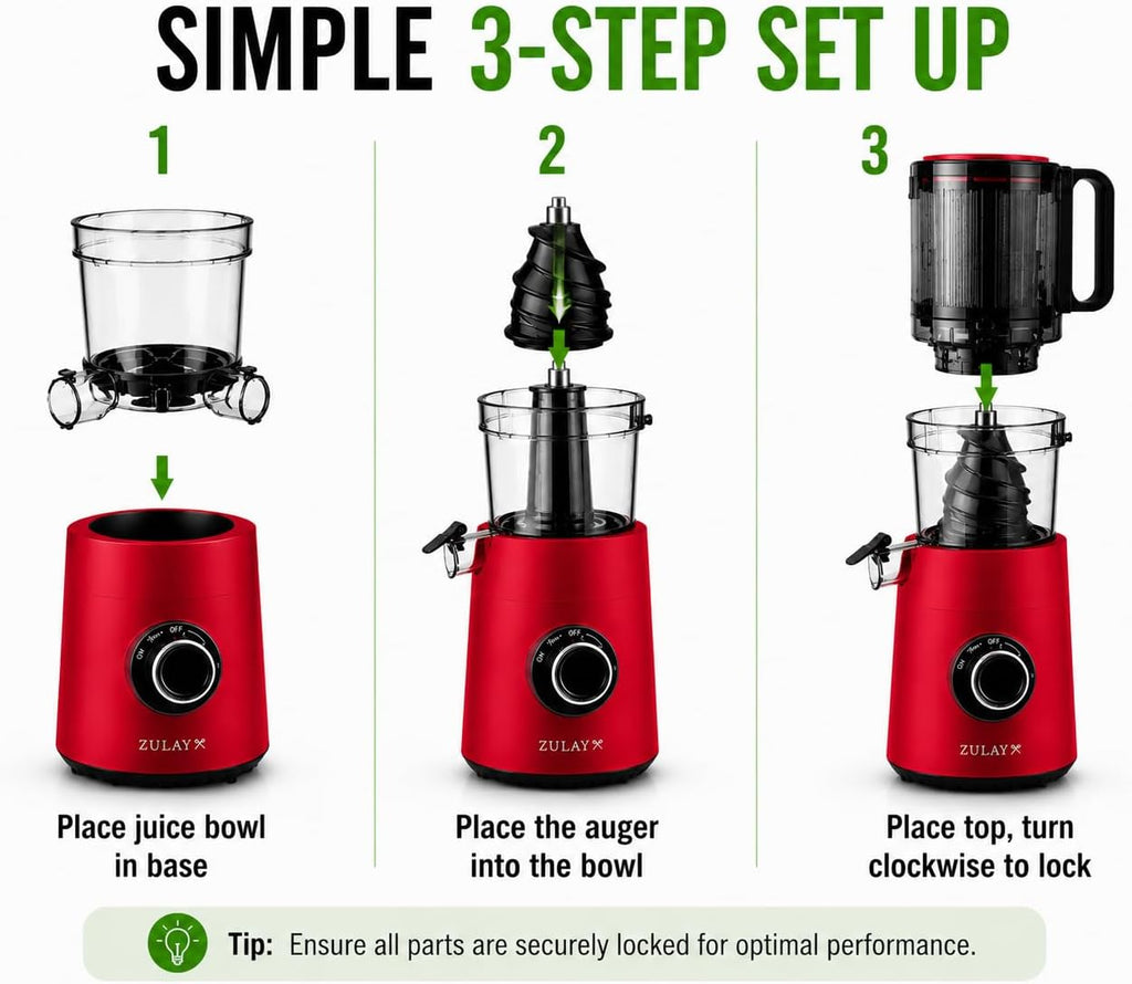 Zulay Kitchen Juicer Machine with 5' Wide Feed Chute, Cold Press Slow Masticating Juicer for Whole Fruits & Vegetables, Easy to Clean Stainless Steel Blades, High Juice Yield - Red