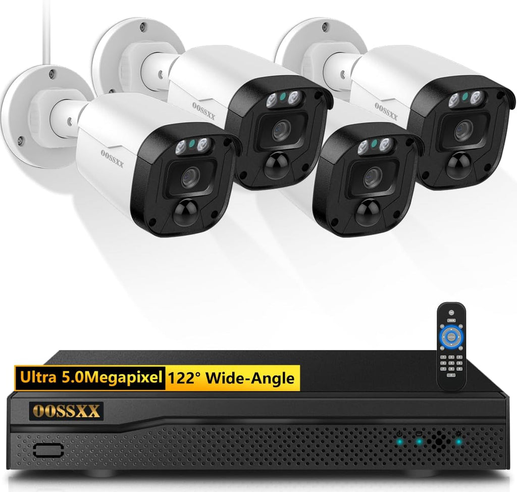 OOSSXX (2026 Update) 5MP Wired Security Camera System Outdoor, 8CH DVR (No Hard Drive), 4 x 122° Wide Angle Home Surveillance Cameras, IP67 Waterproof, Free App No Monthly Fee, Remote Control