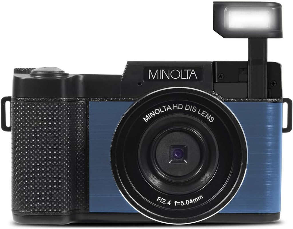 Minolta 30MP Digital Camera – 2.7K Ultra HD Video, 3-inch 180° LCD Screen, Face Detection, Anti-Shake, 9 Scene Modes, Photo Burst, Panorama, CMOS Sensor, 32GB Card (Blue)