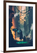 ART.COM Wall Art Print Sci-Fi Scene of Robot Using Futuristic Computer in City Street,Illustration Painting on Brown Frame by Tithi Luadthong, 32' x 44'