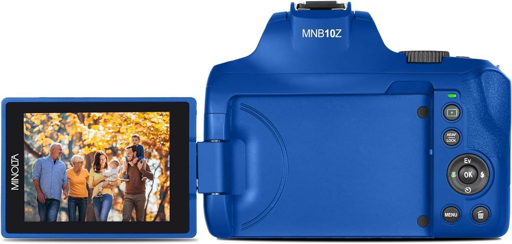 Minolta 64 Mega Pixels Auto Focus Digital Camera with 10x Optical Zoom, 4K Ultra HD Video and Macro Shooting, Bundle with 32 GB Memory Card + Vlogging Tripod + Cleaning kit + More Accessories (Blue)
