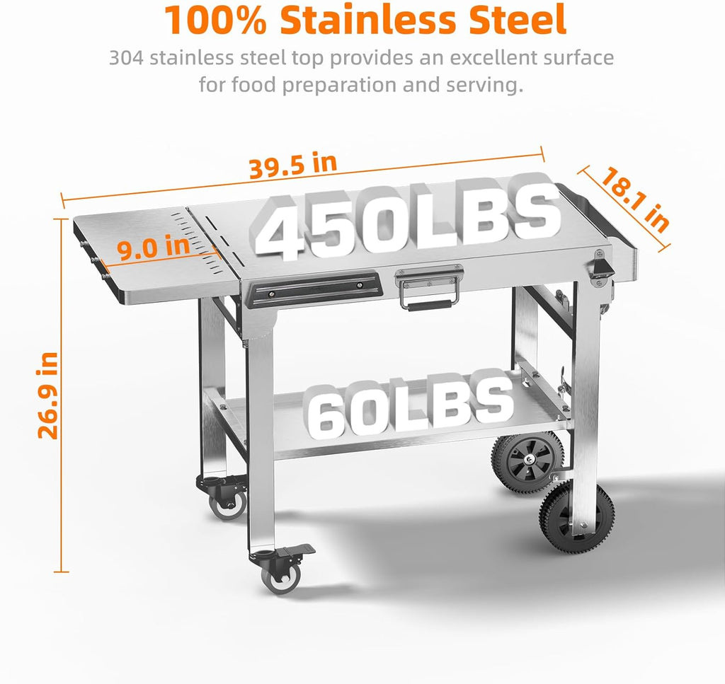 Electactic Food Grade 304 Stainless Steel BBQ Grill Carts fits 22'' Tabletop Griddle, Outdoor grill Table with 4 Foldable Legs, Portable Grill Stand for RV, Camping, Tailgating