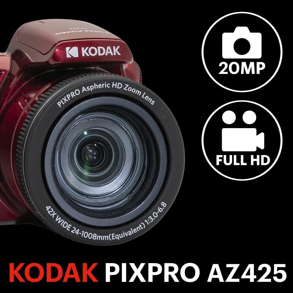 KODAK PIXPRO AZ425 Digital Camera, 42x Optical Zoom Bridge with 20MP BSI Sensor, Li-Ion Battery, OIS, 1080p Full HD Video, Red
