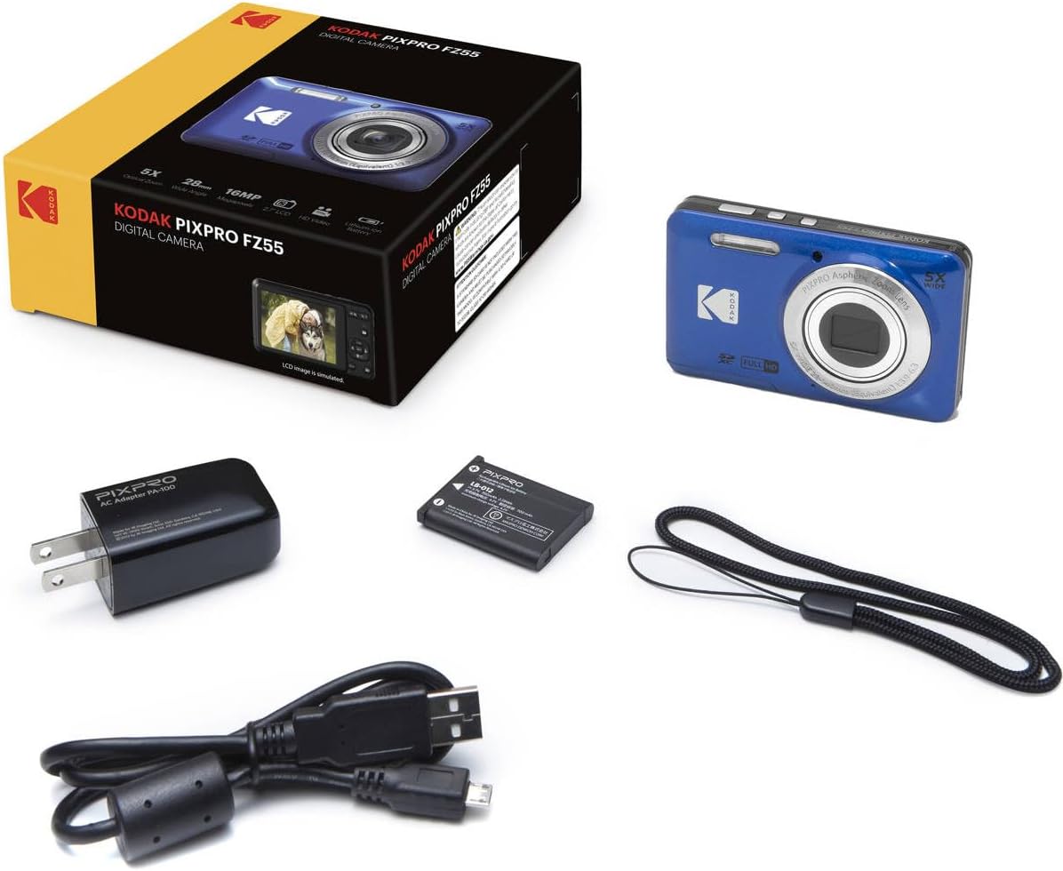 Kodak PIXPRO FZ55 Friendly Zoom Digital Camera, Bundle with 32GB Memory Card, Camera Bag, Tripod, Photo Editing Software, Card Reader (Blue)