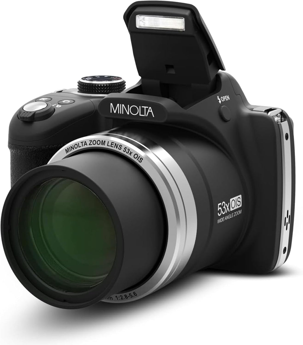 Minolta Pro Shot 16MP HD Digital Camera – 53x Optical Zoom, 1080p Full HD Video, Optical Stabilization, 3-inch LCD, Panorama, HDR, Face Detection, Smart Modes, 16GB Card (Black)