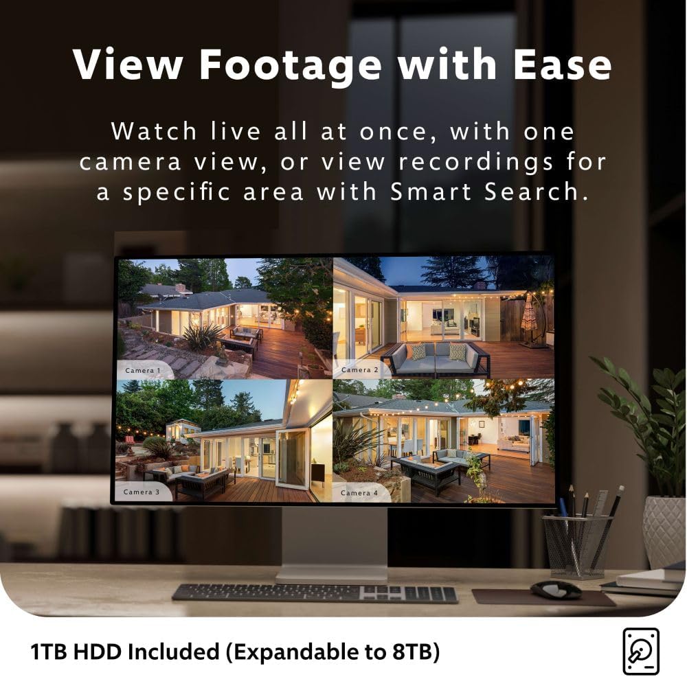 Swann Home/Business Wired DVR, 1080p Full HD Security Camera System, 8 Channels, 4 Cameras Indoor/Outdoor, 1TB HDD Storage, Color Night Vision, Sensor Spotlights, 24/7 Recording