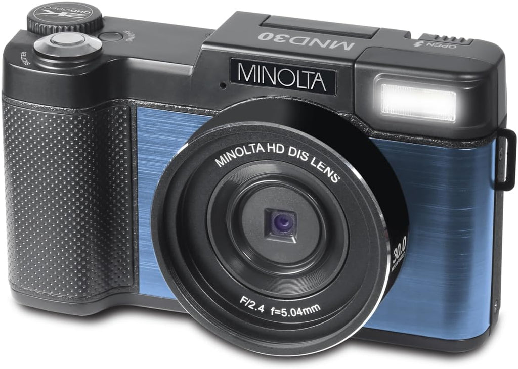 Minolta 30MP Digital Camera – 2.7K Ultra HD Video, 3-inch 180° LCD Screen, Face Detection, Anti-Shake, 9 Scene Modes, Photo Burst, Panorama, CMOS Sensor, 32GB Card (Blue)