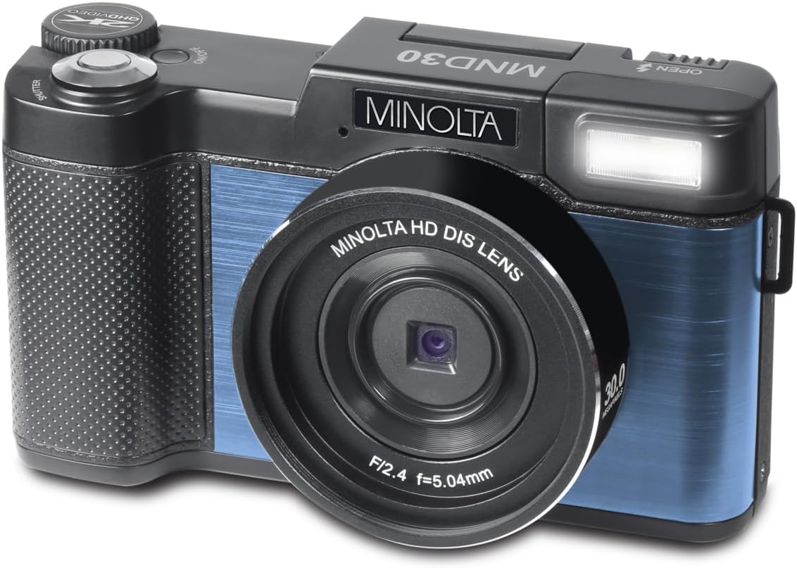 Minolta 30MP Digital Camera – 2.7K Ultra HD Video, 3-inch 180° LCD Screen, Face Detection, Anti-Shake, 9 Scene Modes, Photo Burst, Panorama, CMOS Sensor, 32GB Card (Blue)