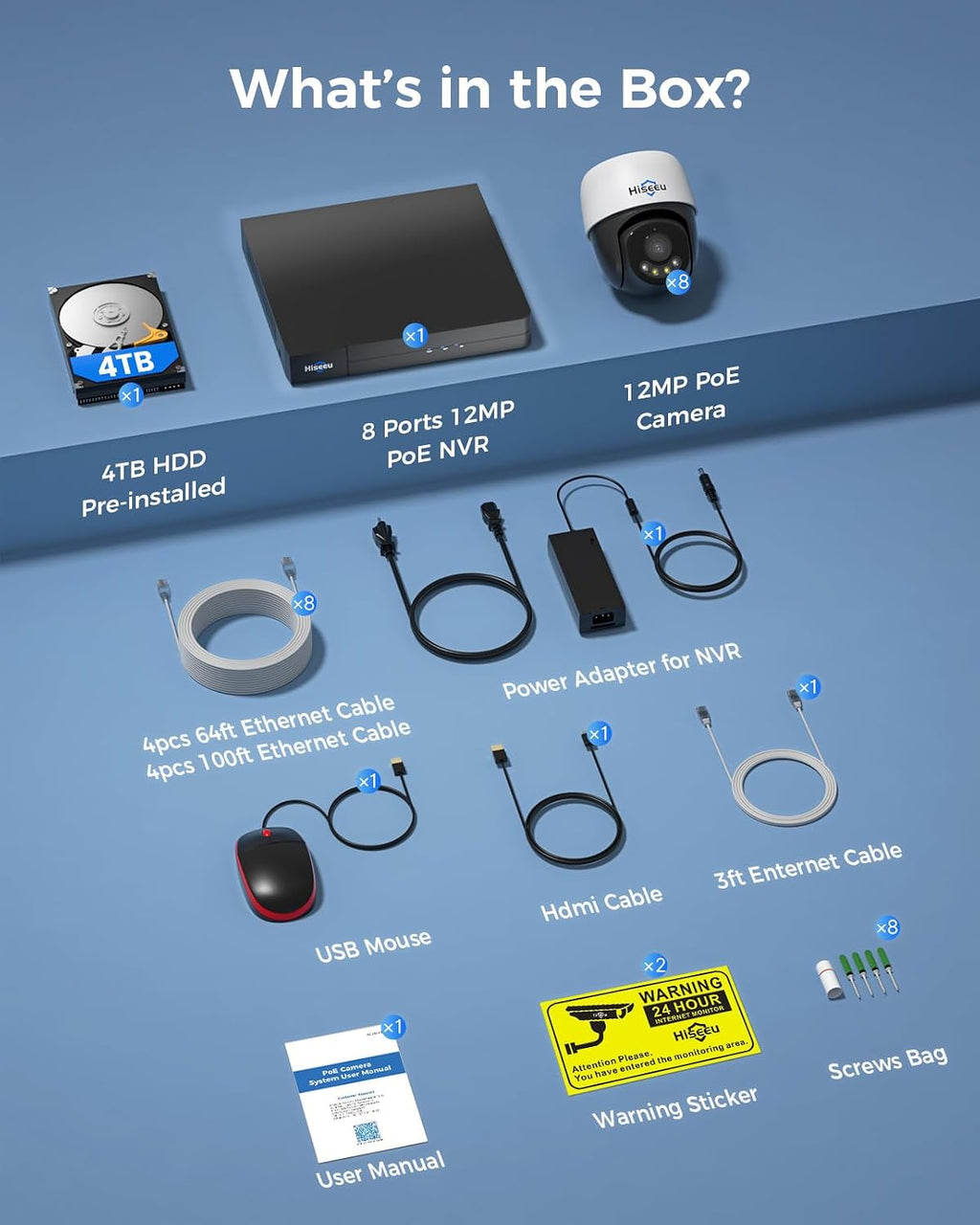 [12MP +Human Tracking] Hiseeu 12MP PoE PTZ Security Camera System, 8 Pcs Wired Security Cameras, 360°View, 2 Way Audio, 0 Monthly Fee, 4TB HDD 8 Port 16Ch PoE NVR，Home CCTV Surveillance Outdoor&Indoor