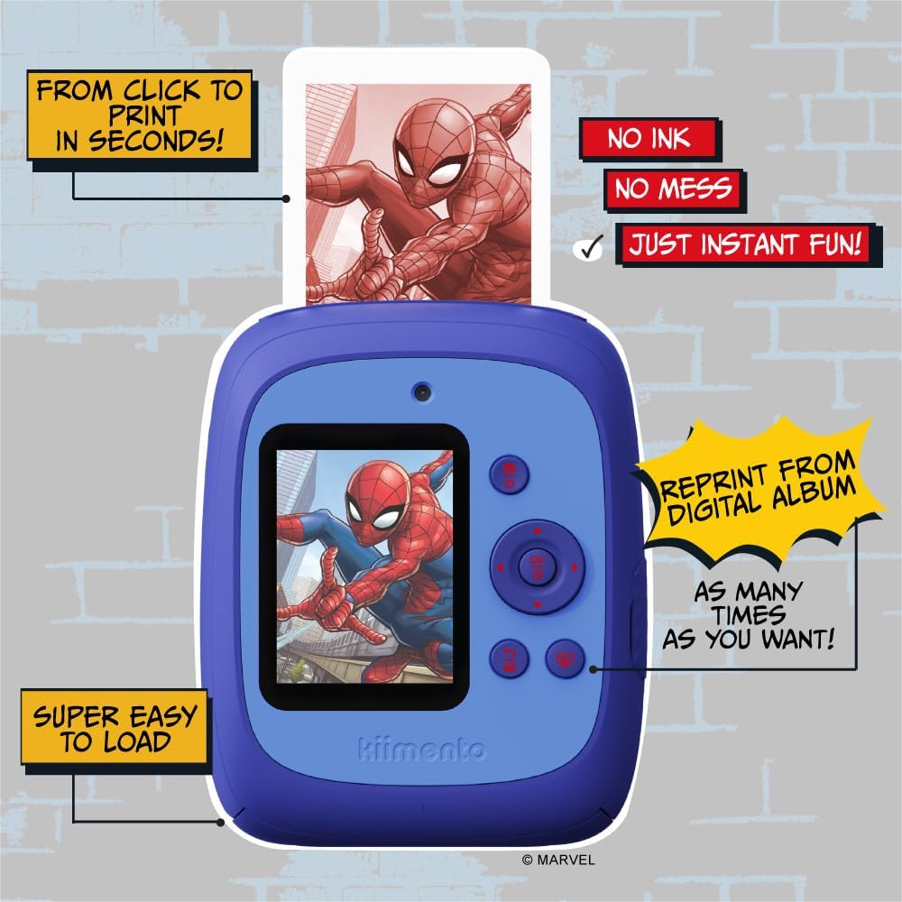 Spider-Man Official Licensed Instant Print Digital Camera, 48MP Photo, 1080p Video, 5-Sec Ink-Free Prints, Selfie & Creator Mode, 32GB SD Card (Model P2) by kiimento