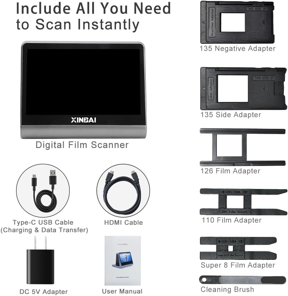48 MP Film & Slide Scanner with 7 Inch LCD Screen, All-in-One Digital Film Scanner Built-in 16GB Memory Converts B&W/135/110/126 KPK Negative and Super 8/Monochrome Slides into JPEG Photos