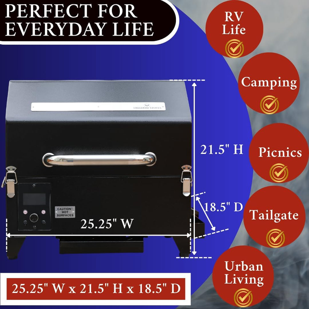 Freedom Portable Pellet Grill & Smoker: Digital Display, Dual Meat Probes, 242 sq in Cooking Area, AC/DC Powered, Black