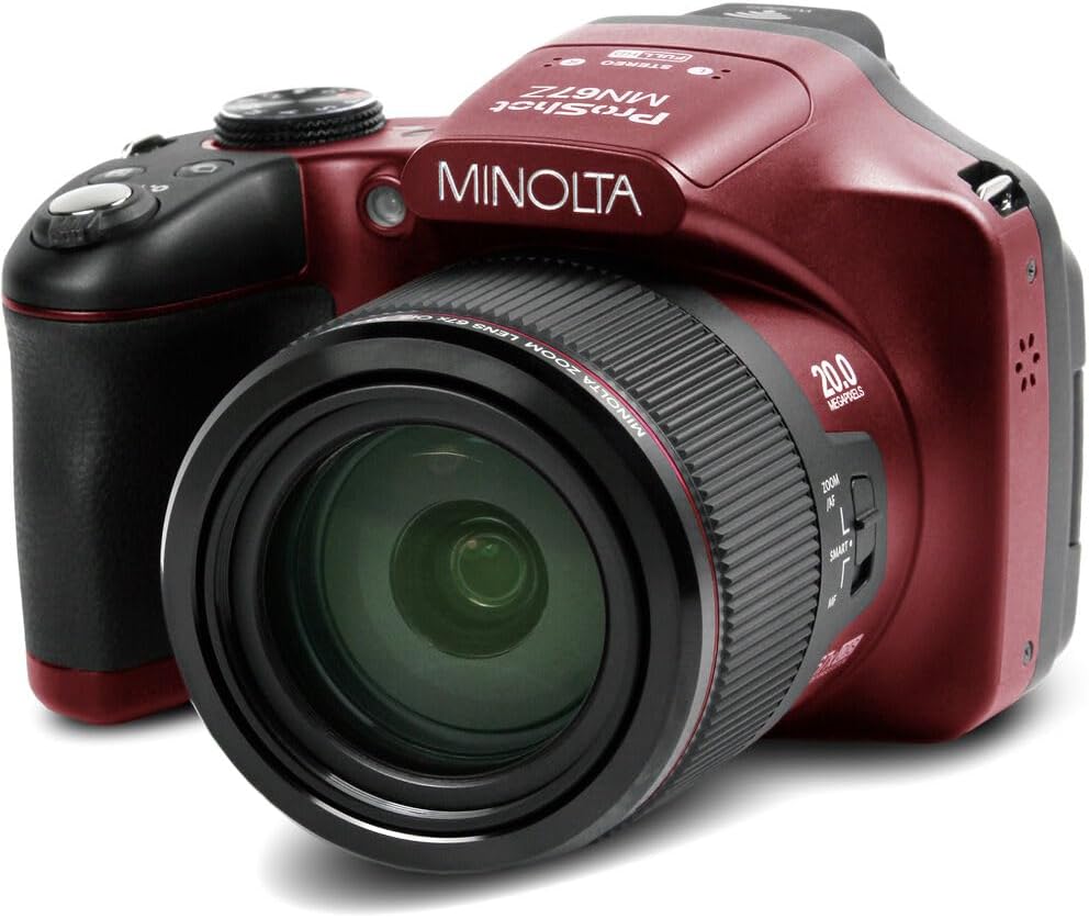MINOLTA MN67Z 20 MP / 1080P FHD Bridge Digital Camera w/67x Optical Zoom (Red) Bundle with 32GB Memory Card + Camara Bag + Cleaning Kit + Vlogging Tripod + Accessories