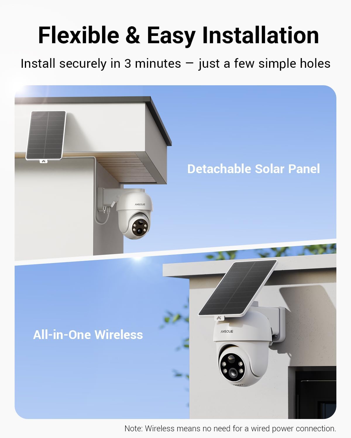 ANSQUE Security Cameras Wireless Outdoor Home System, 4 Camera Kit, No Subscription Fees, Solar Powered, Local Storage, 365-Day Battery Life, 360°PTZ Surveillance, Auto Tracking, 2K Color Night Vision