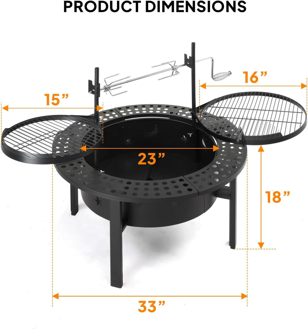 ROVSUN Upgrated 33'' Outdoor Fire Pit with 2 Grills, Grill with Side Shelves, Wood Burning Round Firepit with Swivel Cooking Grate, Removable Swivel Grill for Backyard, Patio, Picnic, BBQ and Parties