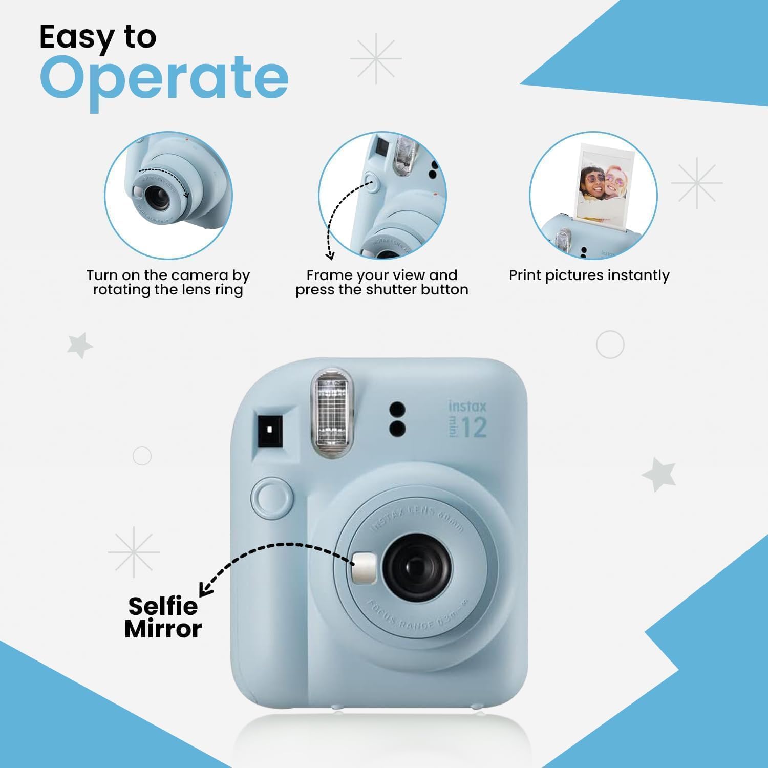 FUJIFILM INSTAX Mini 12 Holiday Bundle 2025 | with Extra Instax Mini Film + 4 Pk AA Batteries & Sunshine Photo Microfiber Cleaning Cloth (10 Items) (20 Sheets, Pastel Blue)