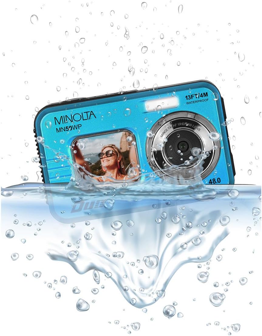 Minolta 48MP Underwater Digital Camera – 5K Ultra HD Video, Autofocus, 16x Digital Zoom, Dual LCD Screens, Selfie Front Screen, Waterproof to 13ft, Rechargeable Battery, 32GB Card (Blue)