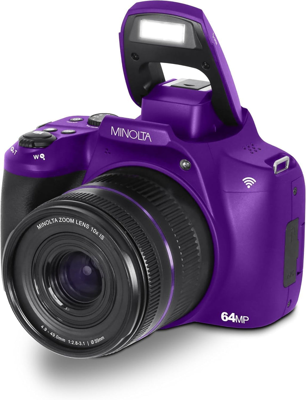 Minolta ProShot 64MP Digital Camera – 10x Optical Zoom, 4K Ultra HD Video, Macro Shooting, Anti-Shake, 3-inch LCD Screen, Face Detection – Includes 32GB SD Card, Battery & Case (Purple)