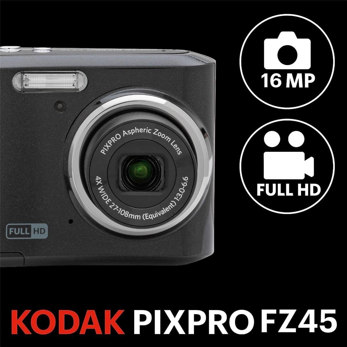 KODAK PIXPRO FZ45-BK 16MP Digital Camera 4X Optical Zoom 27mm Wide Angle 1080P Full HD Video 2.7' LCD Vlogging Camera, Bundle with Camera Case and 32GB SD Card, Kodak 1-Year Limited Warranty. (Black)