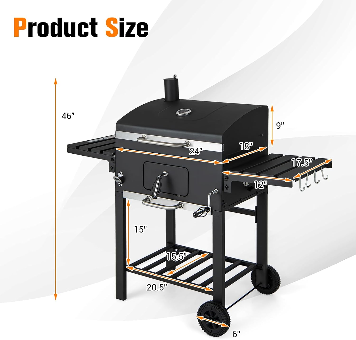 HAPPYGRILL Charcoal Grill, Heavy Duty Cooking Grill with 2 Foldable Side Tables, 8 Hooks, Storage Shelf, 2 Wheels, Flame Control, Outdoor BBQ Grill for Picnic Party Camping Backyard Patio
