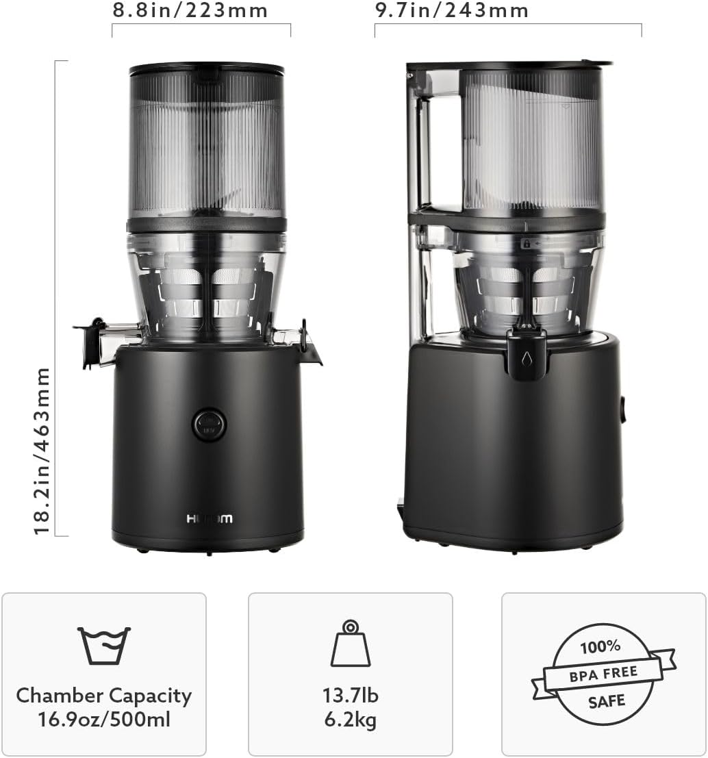 Hurom H320 Cold Press Juicer Machine, Easy to Clean Masticating Slow Juicer, Coarse Strainers, Self-Feeding, Hands Free, Family Size, Quiet Motor, Easy Assembly (Black)