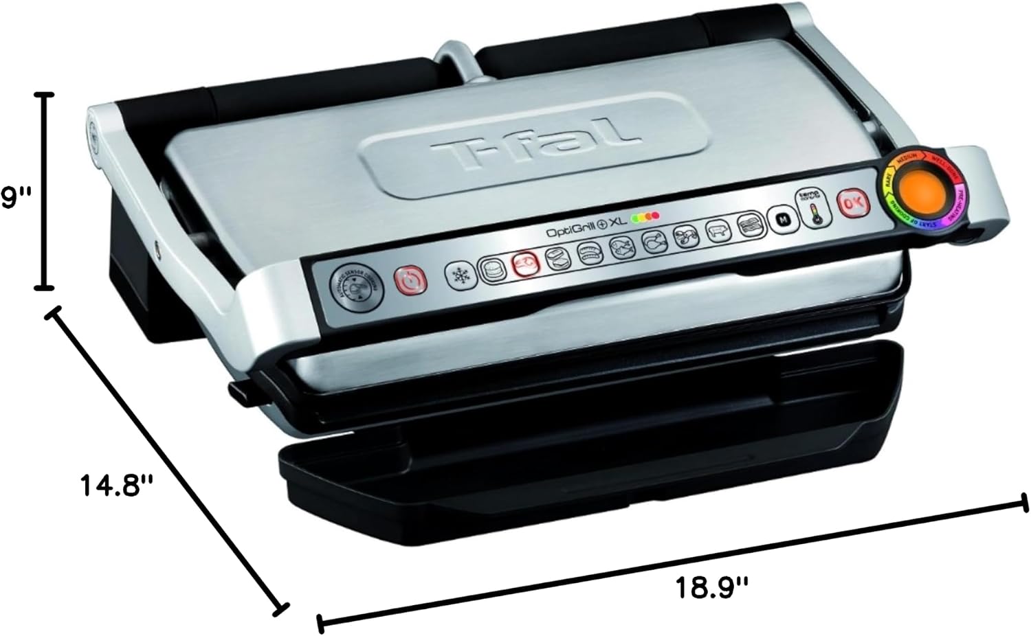 T-Fal OptiGrill Stainless Steel XL Electric Grill, 6 Servings, 9 Intelligent Automatic Cooking Modes, Panini Press, 1800 Watts, Nonstick Removable Plates, Indoor, Frozen Food, Kitchen Appliances