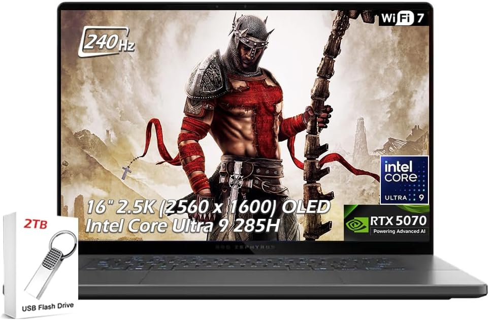 ASUS ROG Zephyrus 16 Gaming Laptop, 16' Nebula OLED 2.5K 240Hz, NVIDIA GeForce RTX 5070, Intel Core Ultra 9 285H, 16GB RAM 1TB SSD, Wi-Fi7, Backlit KB, Win11, Eclipse Gray, w/2TB USB Drive, W/GaLiMu