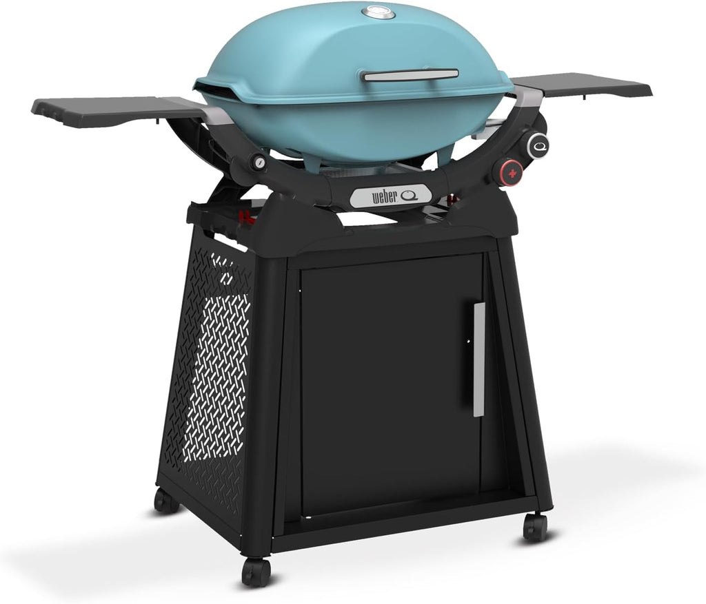 Weber Q 2800N+ Liquid Propane Grill with Stand, Sky Blue – Wide 250°–700°F Temp Range with Plus Burner for Searing, Low‑Temp Roasting & High-Dome Lid