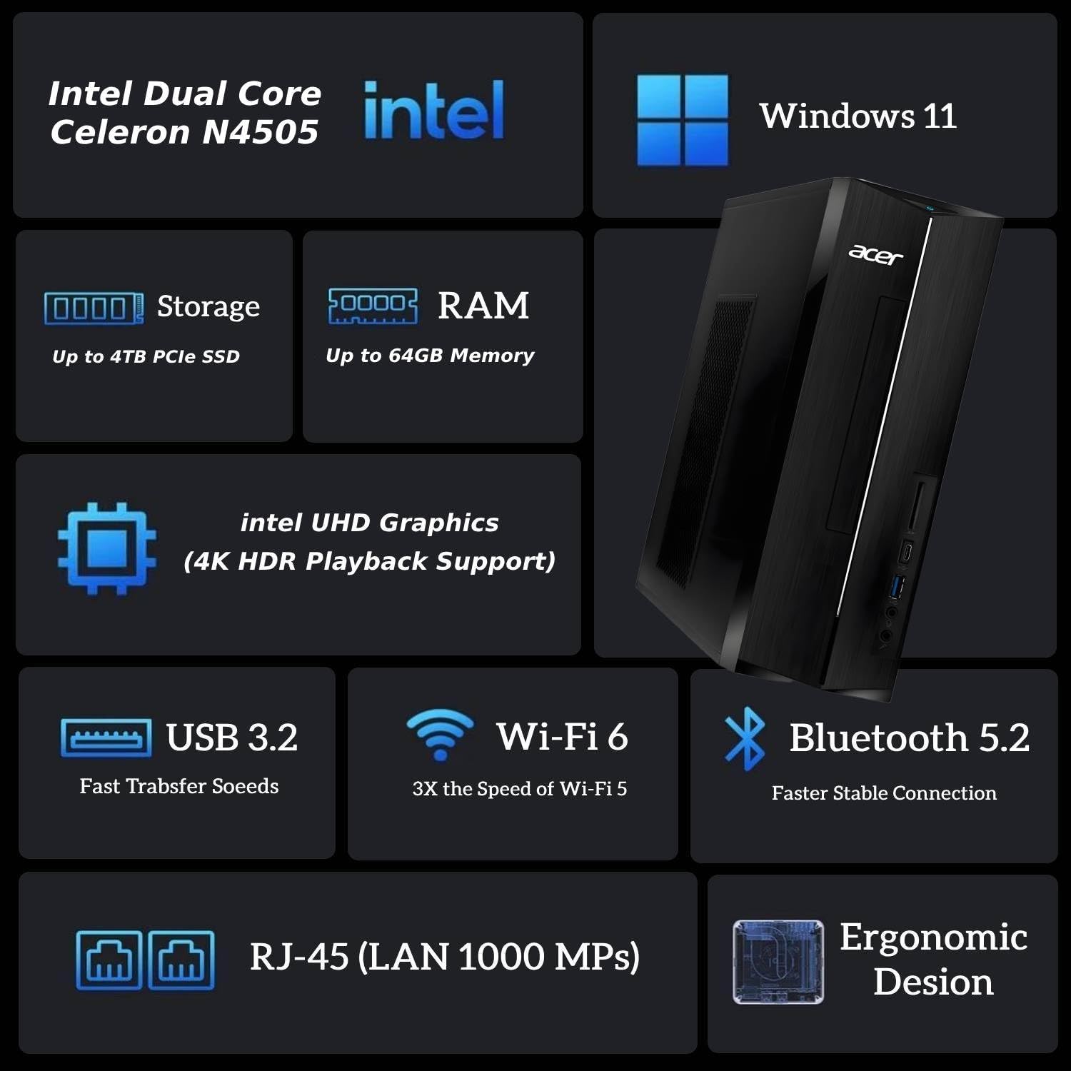 Acer 2025 Aspire Desktop, 16GB RAM, 256GB PCIe SSD + 1TB HDD, Intel Processor, Ultra-Quiet Design, SD Card Reader, Dual 4K Monitor Support, USB-C, Wired Keyboard and Mouse, Windows 11