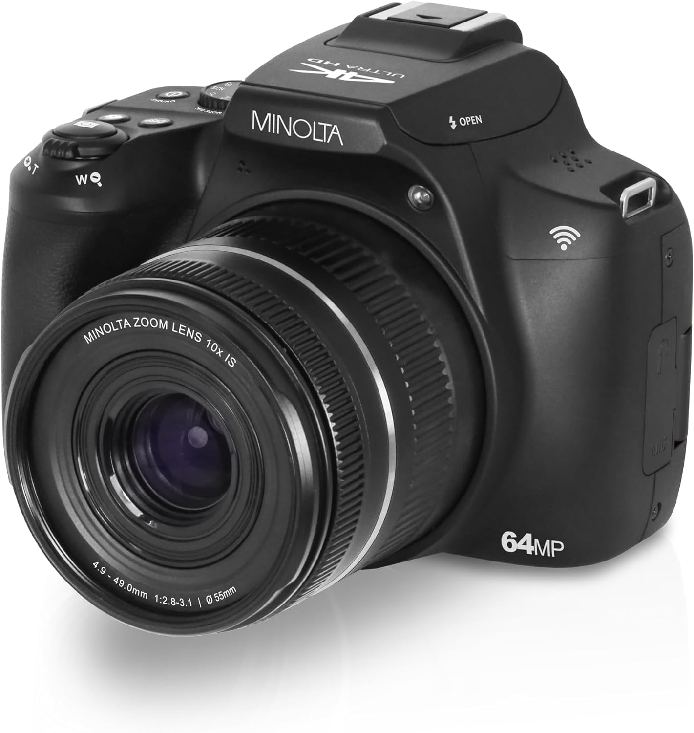 Minolta 64 Mega Pixels Auto Focus Digital Camera with 10x Optical Zoom, 4K Ultra HD Video and Macro Shooting, Bundle with 32 GB Memory Card + Vlogging Tripod + Cleaning kit + More Accessories - Black