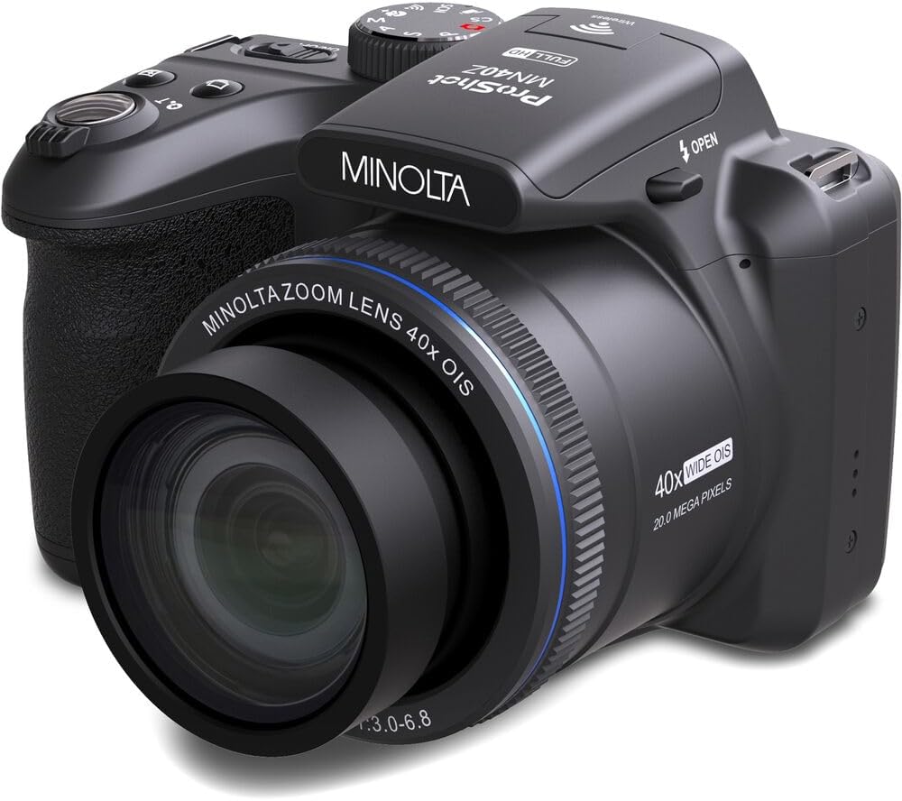 MINOLTA MN40Z 20 Mega Pixels 40x Optical Zoom Digital Camera with 1080p FHD Video, Black, Bundle with 64GB Memory Card + Vlog Tripod + 4xAA Battery with Charger + Accessories